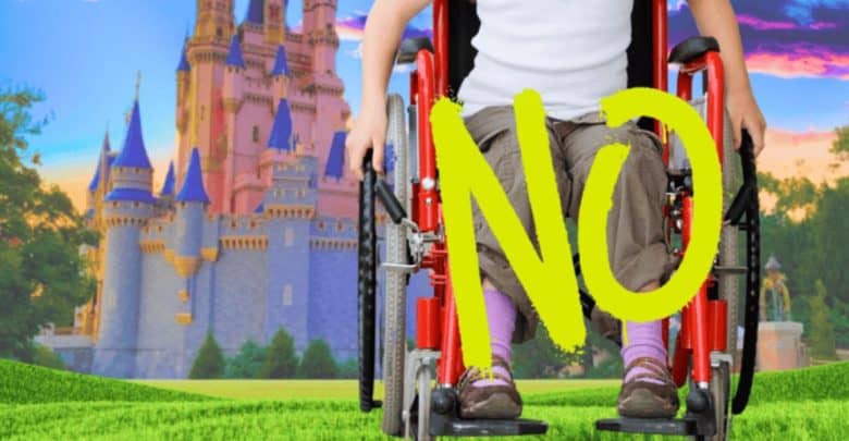 A person in a red wheelchair is pictured in front of a fairytale castle backdrop, reminiscent of Disney. The word "NO" is prominently written in yellow across the image. The person, indicative of facing disability discrimination, is wearing casual clothing and their face is not visible.