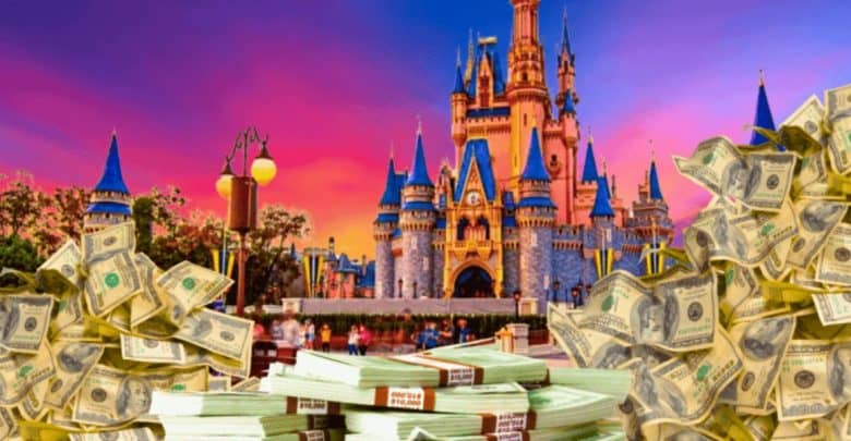 Stacks and piles of U.S. dollar bills are prominently displayed in front of a colorful Disney World castle at sunset, creating a contrast between the enchanting background and the large amounts of money earmarked for theme park tickets in the foreground.