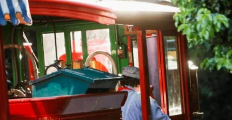 A vintage red and green train car, reminiscent of the Disneyland Railroad, is partially obscured by greenery. Inside, a person in a blue uniform and cap stands near a blue container. Sunlight reflects off the roof of the train.