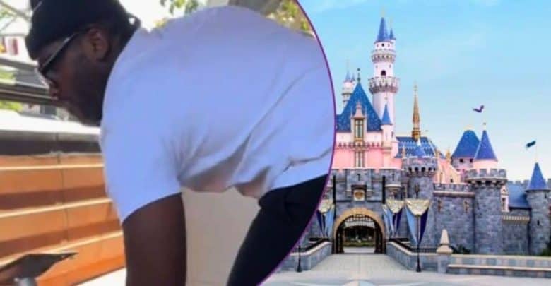 A person lifting a table, Sleeping Beauty Castle at Disneyland.