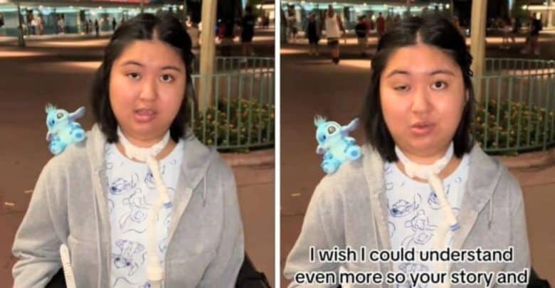 A woman in a wheelchair with a tracheostomy tube visiting Disneyland and Disney California Adventure