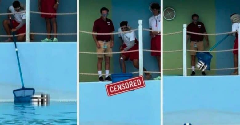 Three stills from a video of men fishing an adult toy out of the water.