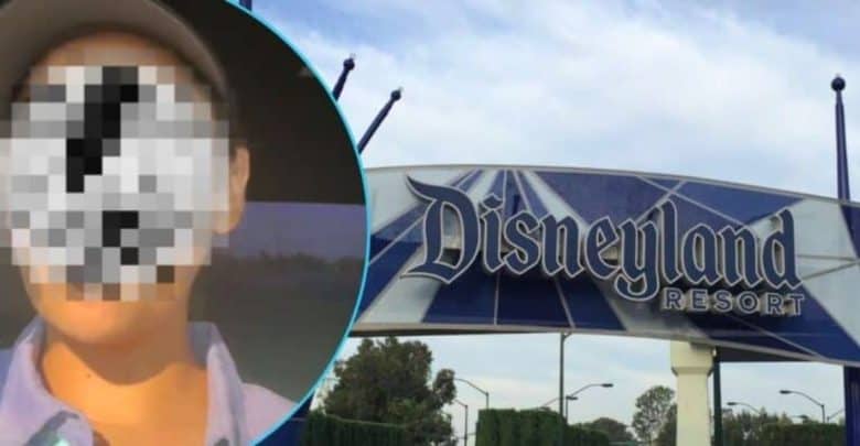 Left: A blurred out Disney cast member talking to her phone camera. Right: The "Disneyland Resort" sign entrance in Anaheim.