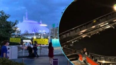 Left: Tomorrowland Speedway with Space Mountain in the background. Right: A train stuck on space mountain at Disneyland with the lights on.