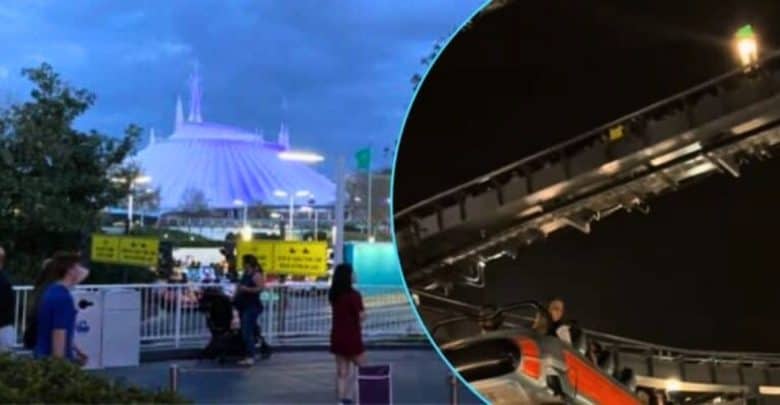 Left: Tomorrowland Speedway with Space Mountain in the background. Right: A train stuck on space mountain at Disneyland with the lights on.
