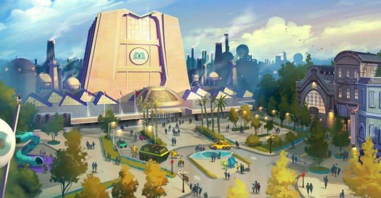 An animated image depicting a bustling factory area with numerous people walking around. The scene features a large, futuristic factory building with a logo, surrounded by trees, pathways, and a few small vehicles. The sky is blue with scattered clouds.