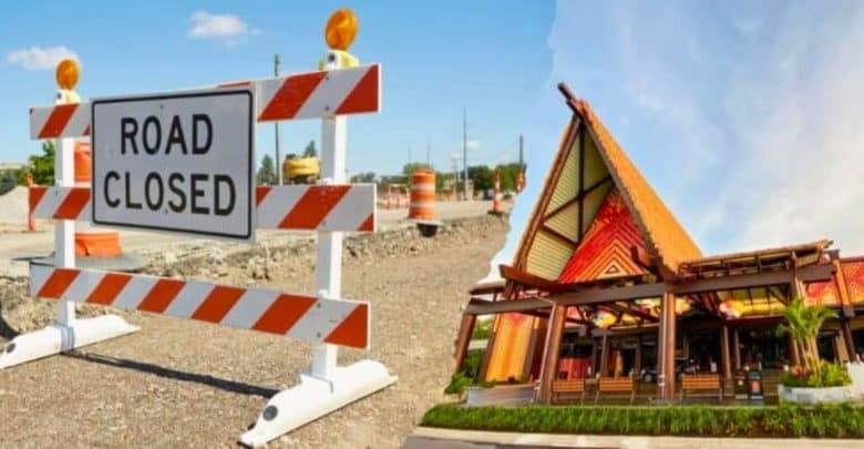 A split image showing road construction on the left with an orange and white "Road Closed" sign, and a building with Polynesian architectural design reminiscent of Disney's resort style on the right, featuring an A-frame structure and vibrant decorations.
