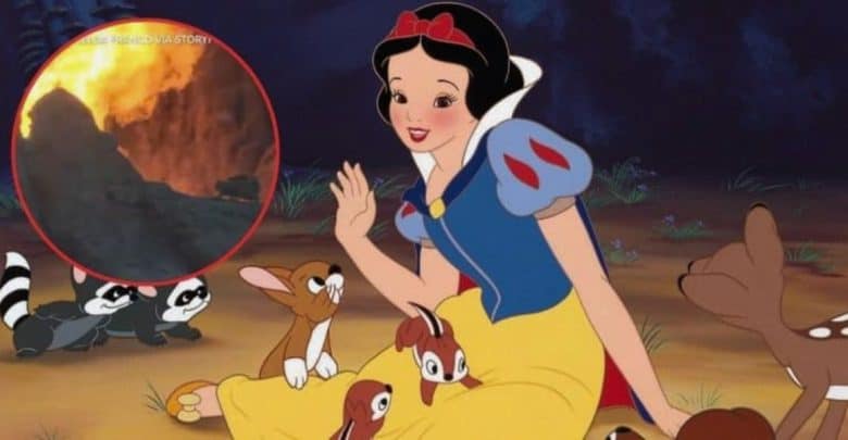 Animated image of Snow White sitting in a forest, surrounded by animals including deer, raccoons, and rabbits. An inset shows a fiery explosion, seemingly out of place with the serene main scene. It's as if Disney World's magic clashed with an unexpected burst of chaos.