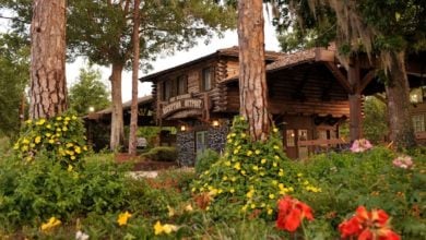 A rustic log cabin restaurant is nestled among tall trees, with colorful flowers and greenery surrounding the entrance. The sign reads "Restaurant and Lounge," inviting visitors to relax and enjoy the natural setting reminiscent of Disney World Resorts. The scene exudes a cozy and welcoming ambiance.