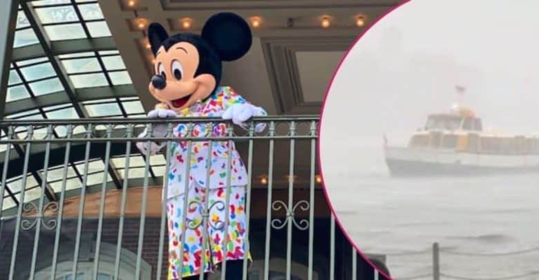 Mickey Mouse posing on top of the Main Street train station / A ferry struggles to dock at Walt Disney World during a storm.
