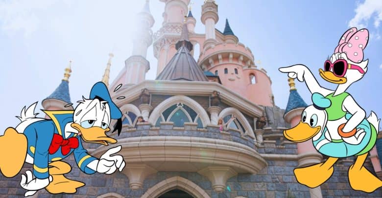 Donald Duck and Daisy Duck stand in front of a fairytale castle. Donald appears discontented with his hands on his hip, while Daisy, wearing sunglasses and a bow, points joyfully at something. The sky is clear and bright, adding to the cheerful atmosphere despite recent Disney closures.