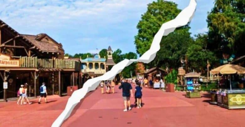 Low crowds at Magic Kingdom's Frontierland with rip diagonally across the image
