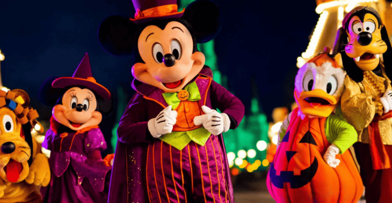 A group of Disney characters dressed in Halloween costumes stand in front of a brightly lit backdrop. Mickey Mouse is in a vibrant magician outfit, Minnie Mouse is dressed as a witch, Donald Duck is in a pumpkin costume, Goofy is wearing a spooky ensemble, and Pluto is in a festive collar.