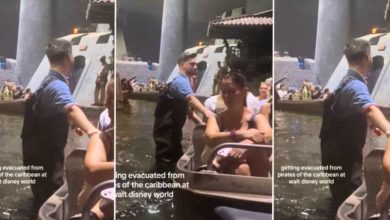 Three frames show a Disney cast member in a dark vest and blue shirt helping people out of boats in an indoor water ride setting, with "getting evacuated from Pirates of the Caribbean at Walt Disney World" text in the bottom left corner of each frame.