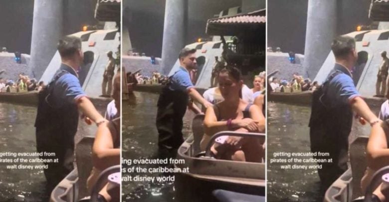 Three frames show a Disney cast member in a dark vest and blue shirt helping people out of boats in an indoor water ride setting, with "getting evacuated from Pirates of the Caribbean at Walt Disney World" text in the bottom left corner of each frame.
