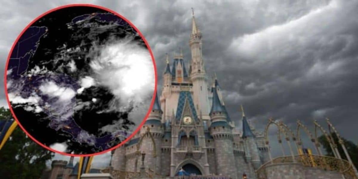 A large stone castle with blue roofs and golden spires stands under a dark, cloudy sky. An ominous satellite image of a developing storm is superimposed in a red circle on the left side of the image, highlighting the approaching weather threat.