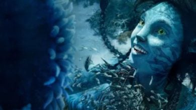 A blue-skinned humanoid creature with scales is underwater in 'Avatar: The Way of Water.'