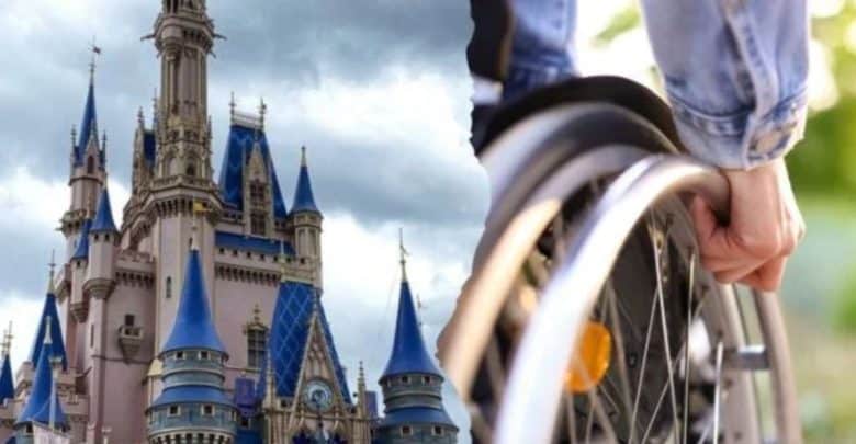 A person in a wheelchair is in the foreground, with their hand on the wheel. In the background, there's a large castle with blue spires and ornate details, set against a cloudy sky.