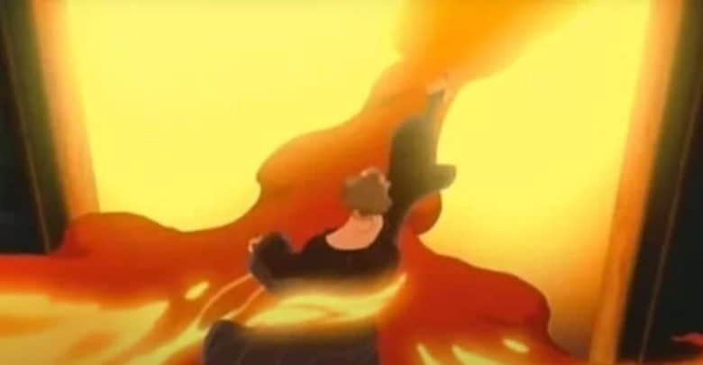 An animated scene showing a person engulfed in a flow of molten lava, with a bright yellow and orange glow illuminating the surroundings, creating a dramatic and intense atmosphere.