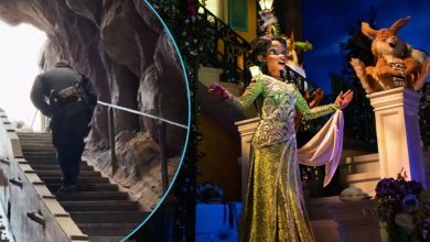 Left: A disney cast member walking up the evacuation stairs on Tiana's Bayou Adventure. Right: Princess Tiana in the ride's finale scene.