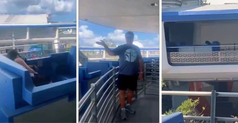 A three-panel image of a blue and white theme park ride. Left: a person exiting the ride vehicle. Center: a man walking on a platform. Right: a section of the ride vehicle with people seated. Sunny weather and partly cloudy sky visible.