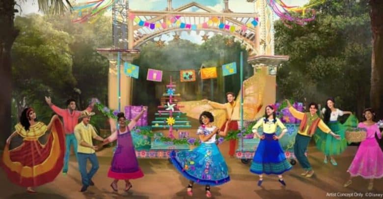A lively, colorful scene in a park with diverse people dancing in traditional costumes. Bright banners and flags decorate the area, and a multi-tiered platform with patterned fabrics stands at the center. Lush greenery surrounds the festive gathering.