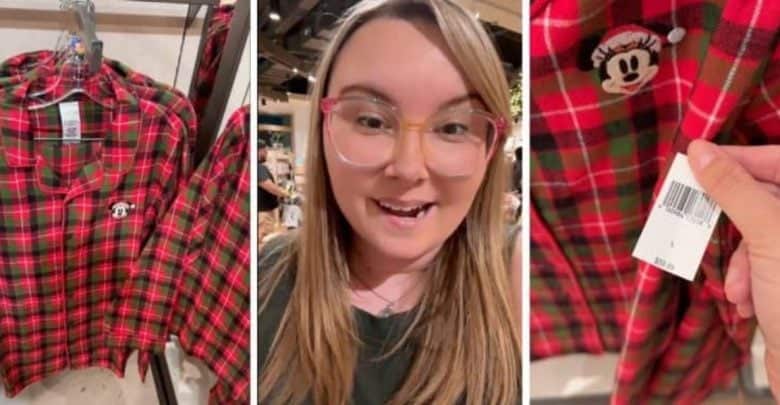 A person with glasses smiles at the camera in the center image. On the left and right are images of a red and green plaid shirt with a cartoon character embroidered on it. The right image shows a hand holding the shirt's tag.