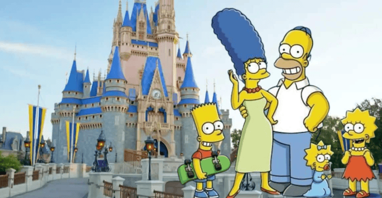 The Simpsons family, the iconic cartoon television family, in front of the Cinderella Castle at Disney World in Magic Kingdom.