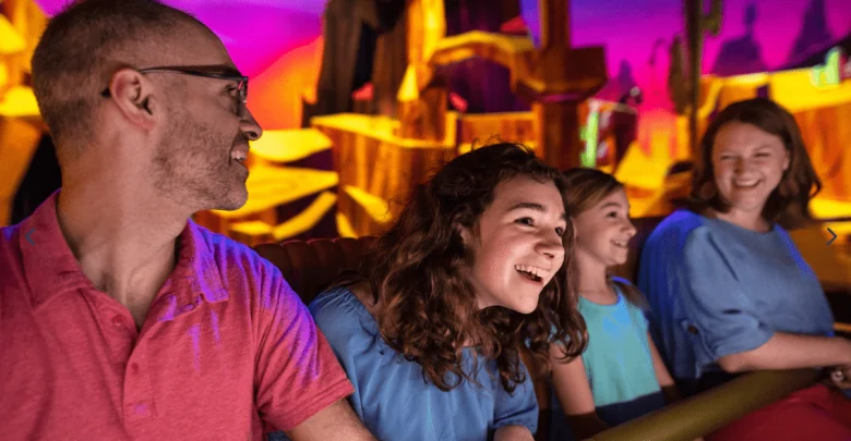 A man and three women of varying ages sit side by side, smiling and laughing. They are on a ride with vibrant, colorful scenery in the background. The atmosphere is joyful and lively.