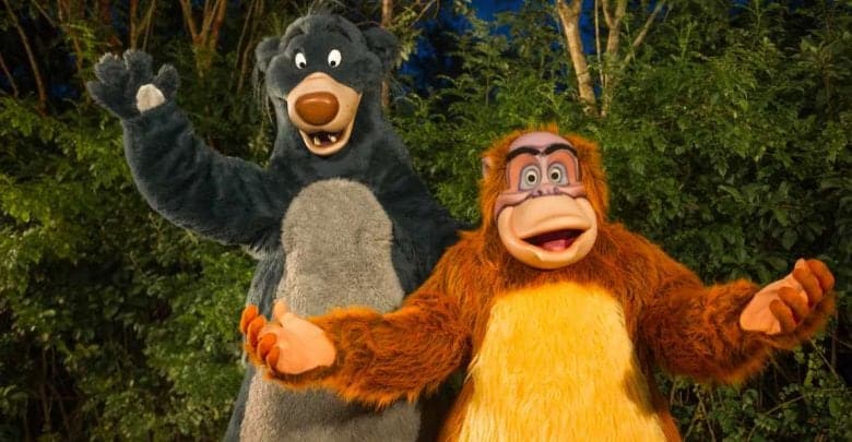 Two costumed characters, a bear and an orangutan, pose cheerfully against a lush green backdrop. The bear is dark gray with a lighter belly, while the orangitan is orange with yellow and darker facial features. Both have expressive, friendly faces.