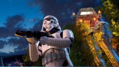 Stormtrooper wields a gun outside Star Tours