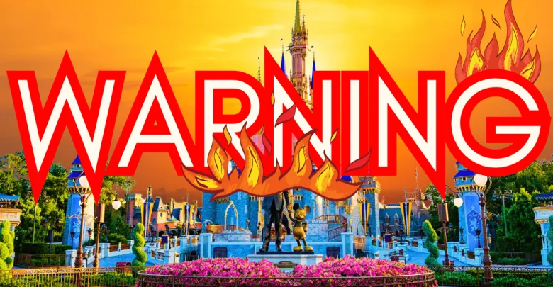 The image shows the word "WARNING" in bold red letters with flames engulfing it. A castle and garden with a statue are in the background under a vibrant orange sky.
