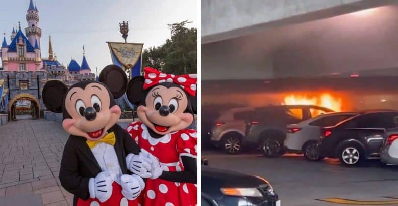 On the left, Mickey and Minnie Mouse stand in front of a castle. On the right, a car is on fire in a parking garage next to several other cars.