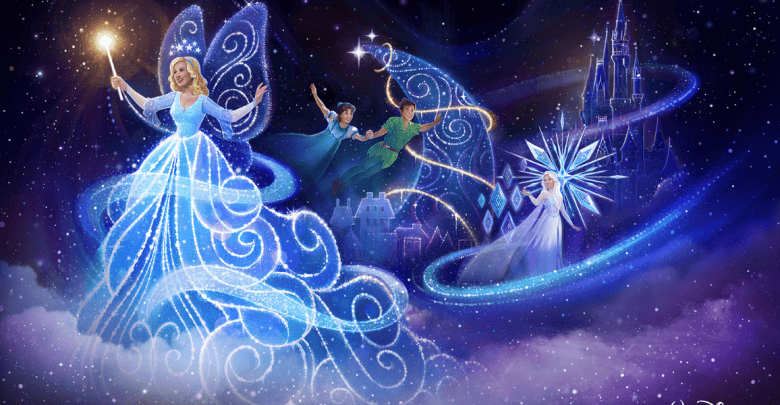 A magical scene featuring the Fairy Godmother with a glowing wand, Peter Pan and Wendy flying, and Elsa with sparkling ice powers, all set against a starry night sky with a castle in the background.