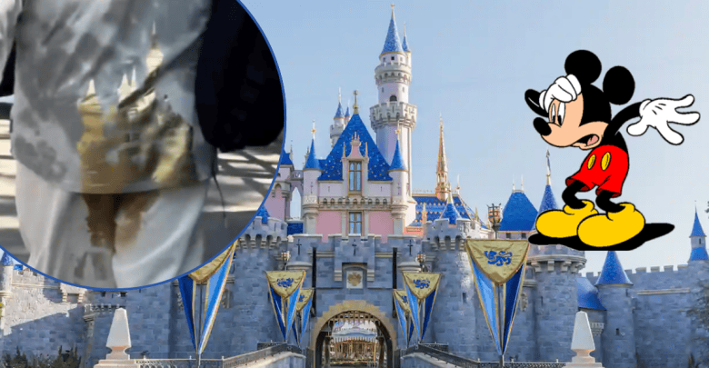 A person with a visible stain on their shorts is shown in an inset circle over Disneyland’s Sleeping Beauty Castle, hinting at a possible disneyland poop mishap, while a worried cartoon Mickey Mouse appears on the right.