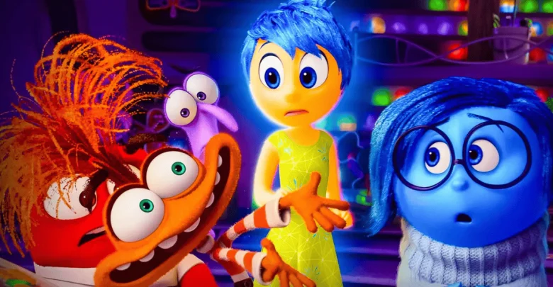Animated characters from "Inside Out"—Anger, Fear, Joy, and Sadness—stand together with surprised and concerned expressions, set against a colorful, glowing background.