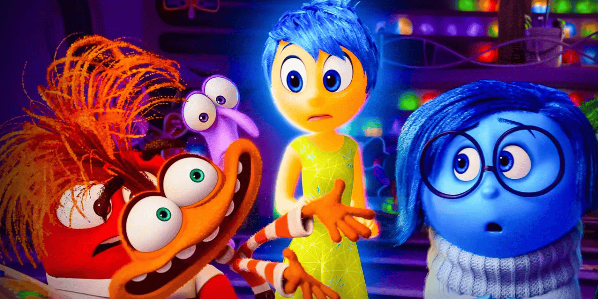 Animated characters from "Inside Out"—Anger, Fear, Joy, and Sadness—stand together with surprised and concerned expressions, set against a colorful, glowing background.