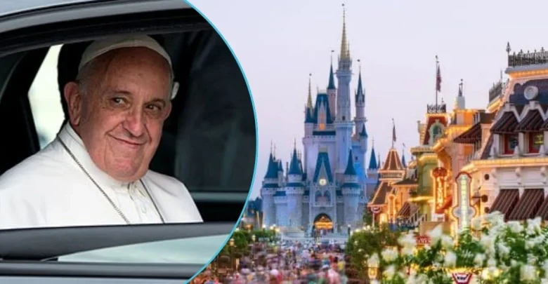 A smiling Pope sits inside a car on the left; on the right, a view of a crowded Main Street at Disney World with Cinderella Castle in the background.