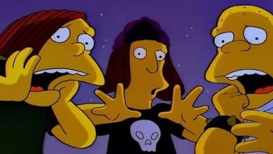 Three animated characters with shocked expressions face forward against a dark background. They are yellow-skinned and have different hairstyles. The center character wears a black shirt with a skull design.