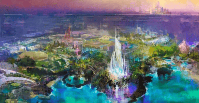A vibrant, futuristic cityscape with glowing, tall crystalline structures, lush greenery, winding waterways, and colorful buildings under a dramatic, multicolored sky, evoking a fantasy or sci-fi atmosphere at this new Disney park.