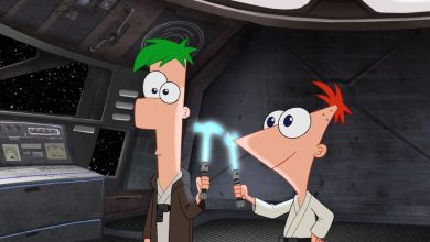 Two animated characters with green and red hair stand in a spaceship, wearing futuristic outfits and holding blue glowing lightsabers, with stars visible outside a window.