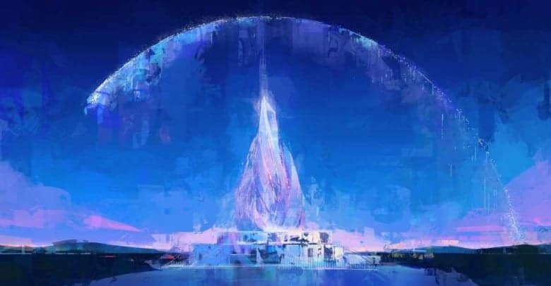 A futuristic, glowing tower rises from a sleek building, surrounded by abstract lights and a large, arching energy shield under a vibrant blue and purple sky.