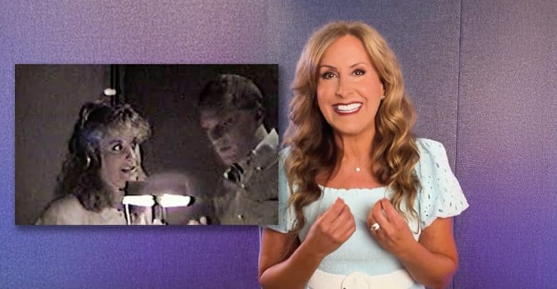 A smiling woman with wavy hair stands against a purple gradient background, gesturing with her hands. An inset shows Jodi Benson in a vintage studio photo beside Howard Ashman, celebrating his 75th birthday.