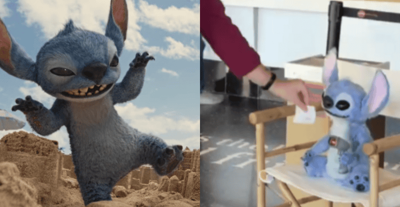 Split image: Left side shows a blue, furry alien character (Stitch) playfully stomping sand; right side shows a plush or animatronic version of Stitch sitting on a small director's chair while a person hands it a card.