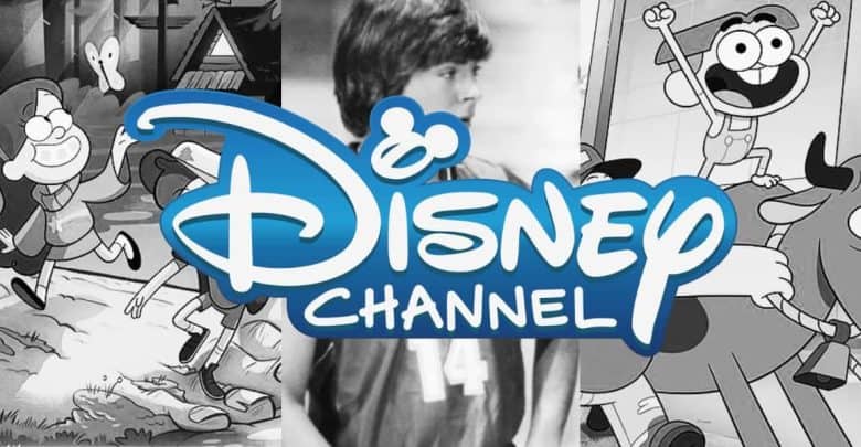 The Disney Channel logo is centered over a collage of black-and-white images from animated shows and a young boy in a sports jersey.