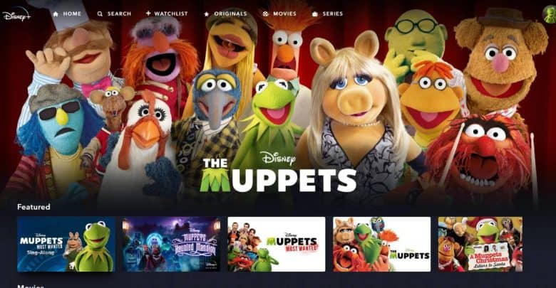 The homepage of Disney+ shows a banner for "The Muppets" featuring Kermit, Miss Piggy, Fozzie, Gonzo, and others, with a row of movies and shows below that highlight unforgettable muppet experiences.