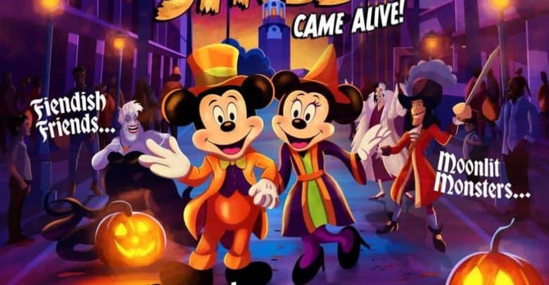 Mickey and Minnie Mouse wear Halloween costumes and smile in a festive street with pumpkins, glowing lanterns, and costumed characters. The text reads “Fiendish Friends… Moonlit Monsters… Came Alive!”.