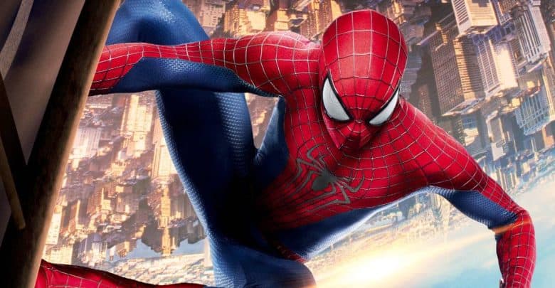 Spider-Man in his red and blue suit clings to the side of a building, with the city skyline in the background, appearing upside down.