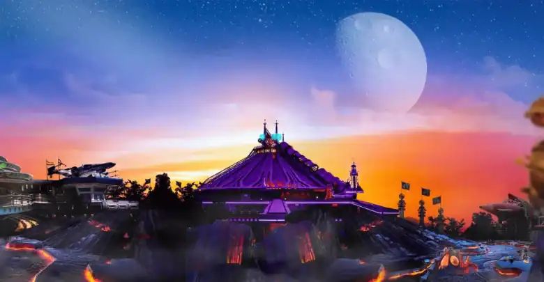 A futuristic, purple-lit building with a spaceship on the left sits under a starry sky and large moon, with a vivid sunset in the background and rocky terrain in the foreground.