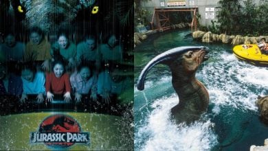 Jurassic Park – The Ride at night (left), guests on Jurassic Park – The Ride boats (right)